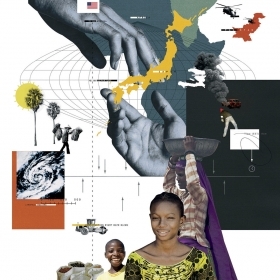 与海地和日本有关的拼贴图片，有地图和人物