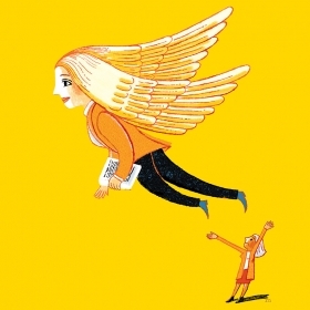 插图:一名穿着商务套装、长着翅膀的女子正在飞翔，而地上的另一名女子在欢呼