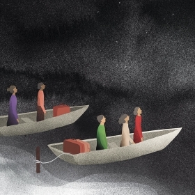 一幅插图描绘了人们站在敞开的小船上，脚边放着行李箱，即将踏上通往未知的旅程。