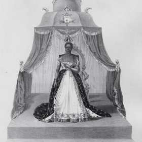 1852年的一幅平版版画描绘了海地黑色皇后穿着她的加冕礼袍。