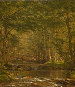 Worthington Whittredge, Trout Stream, ca, 1875年。帆布上的油画。玛丽昂·埃迪·惠勒(1924届)的礼物，1994.51