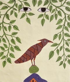 冈德部落艺术家文卡特·拉曼·辛格·希亚姆，《死亡与啄木鸟》，2002年。帆布丙烯，30¼”x 45¾。