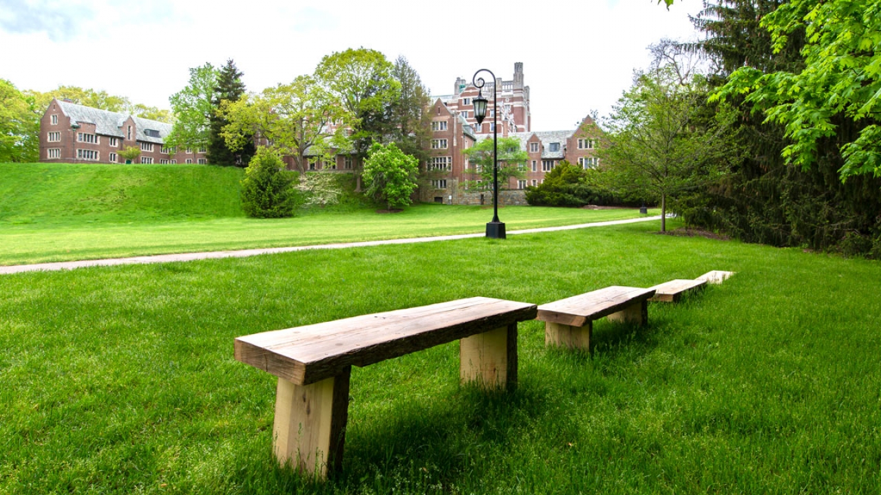 四张由学生们用木头做成的长凳，俯瞰着塞弗伦斯绿地