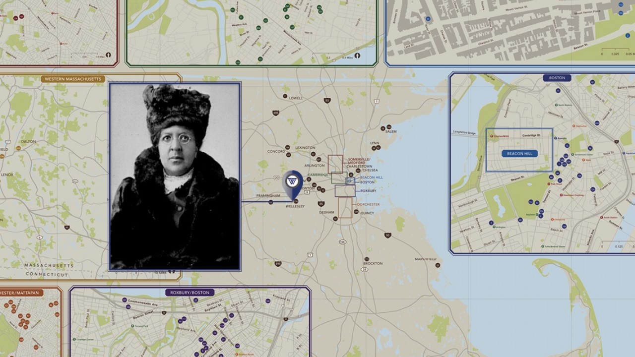 麻萨诸塞州的地图的图一个女人。