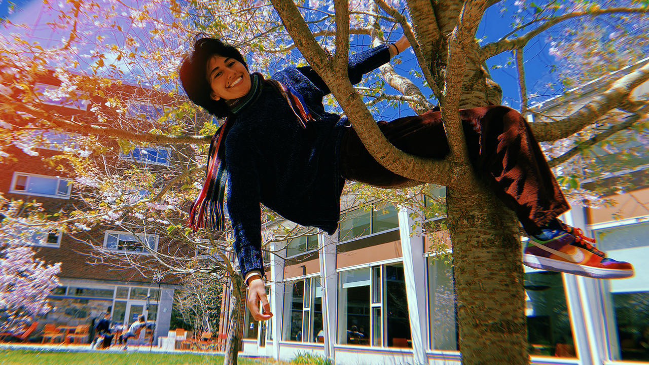 一个学生坐在树的根部用一只手抓住一根树枝,另一只手在她身后晃来晃去的。她对着镜头微笑