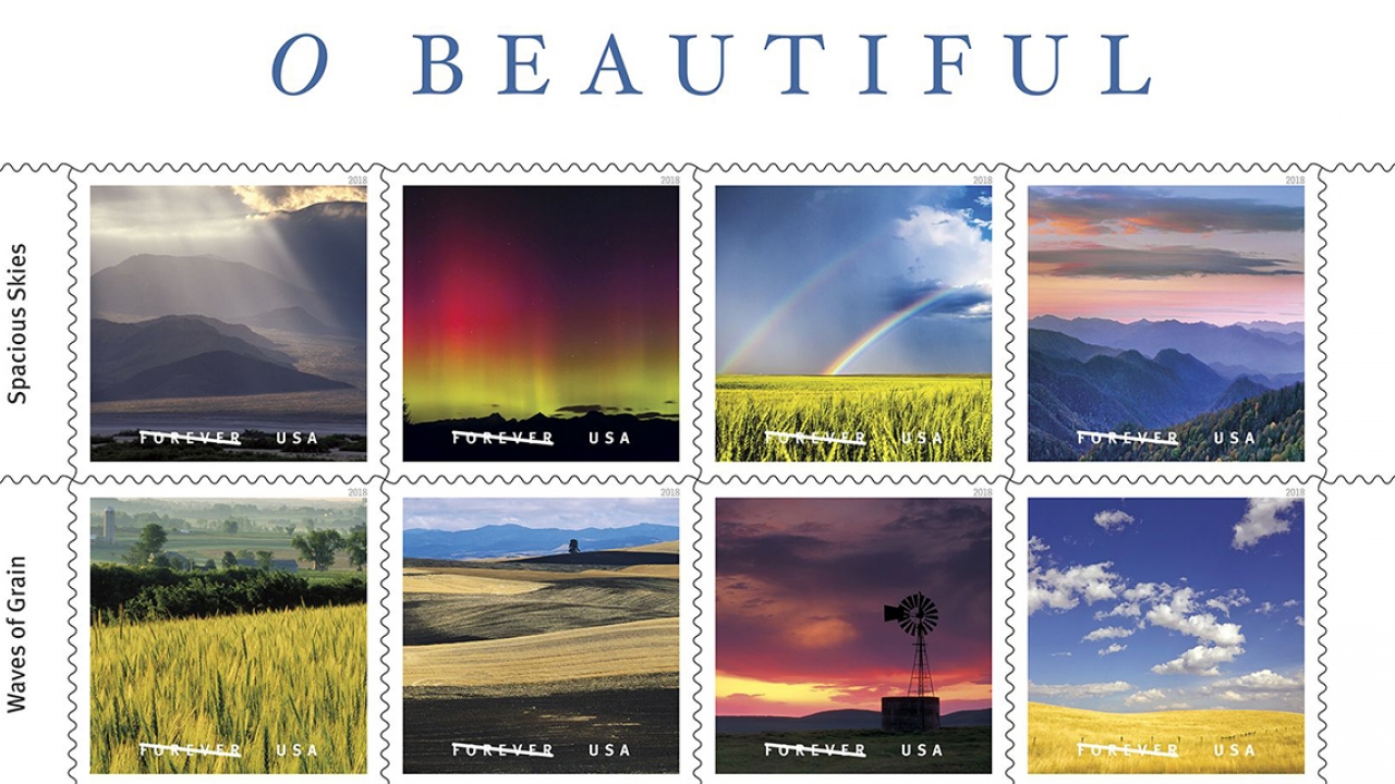 美国邮政服务的八张图像，描绘了美国各地宽敞的天空和谷物浪潮的场景