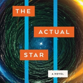 《真实的星星》的封面描绘了一颗明亮的恒星在旋转的光云中心。