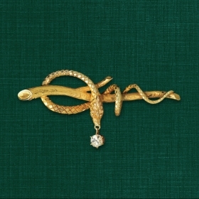 秘书阿尔布赖特（Albright）的标志性蛇形别针的照片 - 一条蛇在树枝上卷曲。一颗钻石从嘴里悬挂。