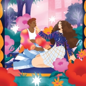 彩色插图的一对同性恋夫妇凝视对方的眼睛浪漫校园外一条毯子