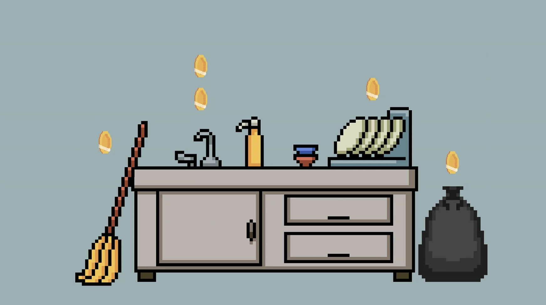 一个干净的厨房插图和漂浮的硬币，就像在电子游戏。