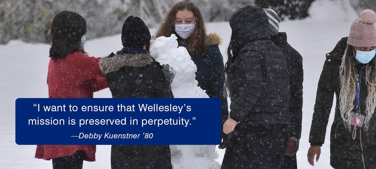 学生照片，雪人，雪，冬天。从Debby Kuenstner的Alumnae报价关于支持捐赠。