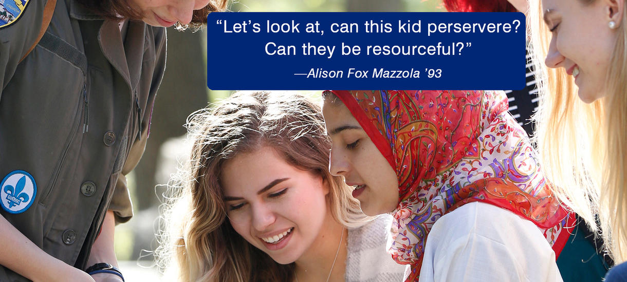 Picture of students, smiling, sunshine, head scarf. Quote from Alumnae Alison Mazzola about perseverence.
