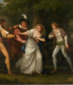 1788年，安杰莉卡·考夫曼、瓦伦丁、普罗图斯、西尔维亚和茱莉亚在森林里(《维罗纳两位绅士》第五幕第四场)。帆布上的油画。为纪念Winifred Herman Friedman(1945届)而在博物馆购买。1976.34